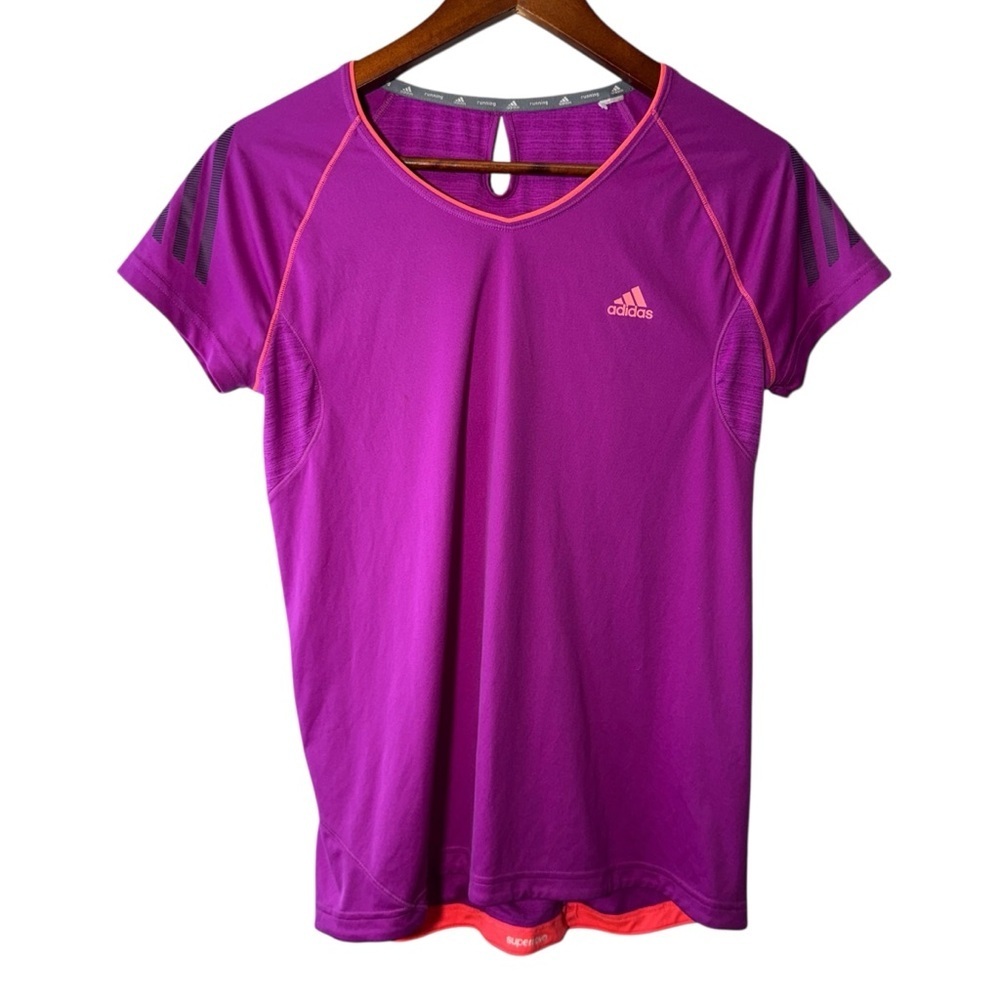 Adidas Purple Athletic Running Shirt Keyhole Back Hidden Zipper Pocket Size Med